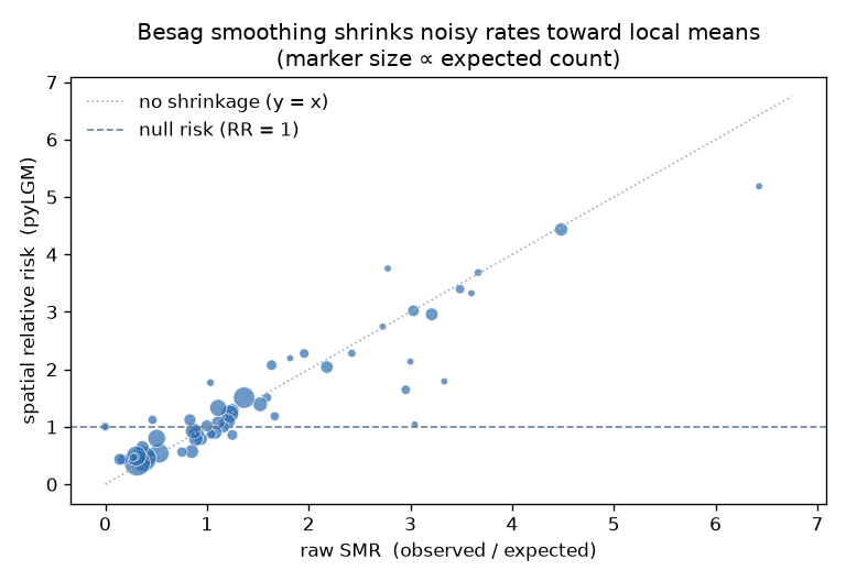 Besag smoothing shrinks noisy SMRs toward local means